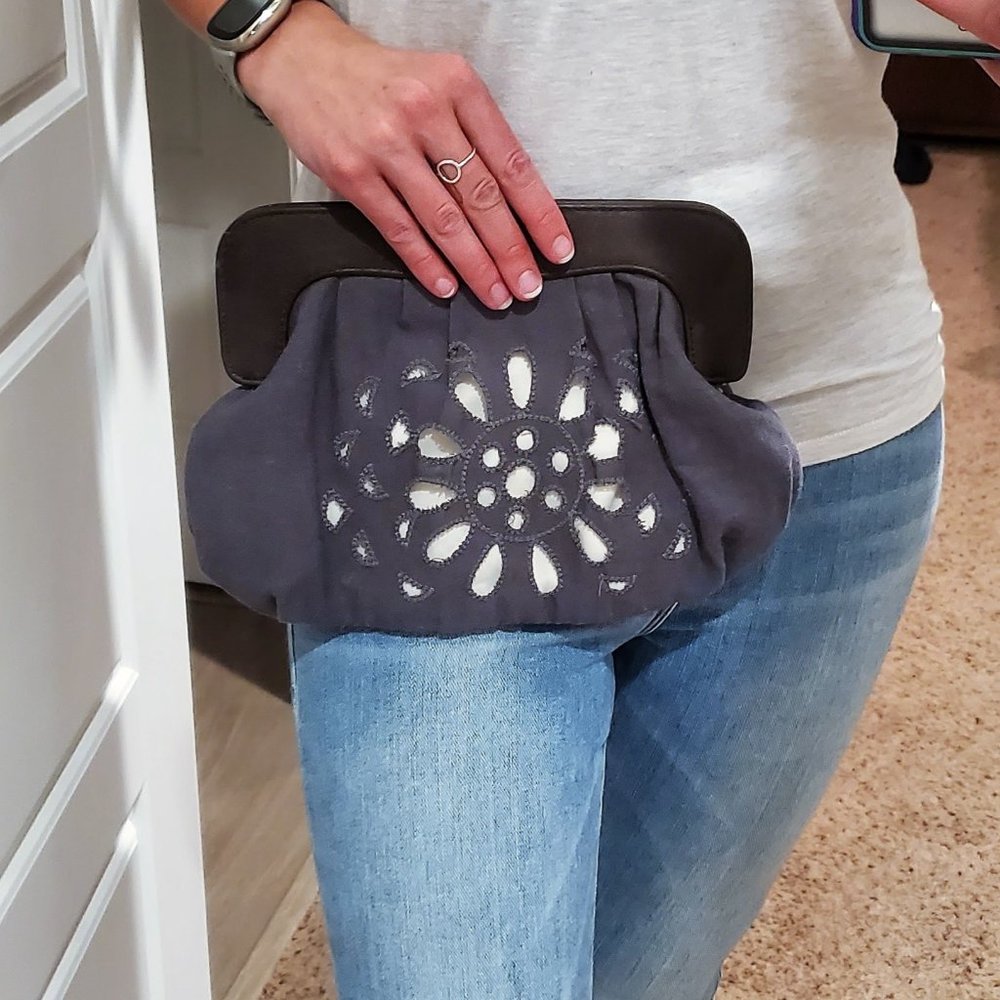 Gently Used Old Navy Clutch Purse, Linen and Faux Leather w/ Magnetic Closure